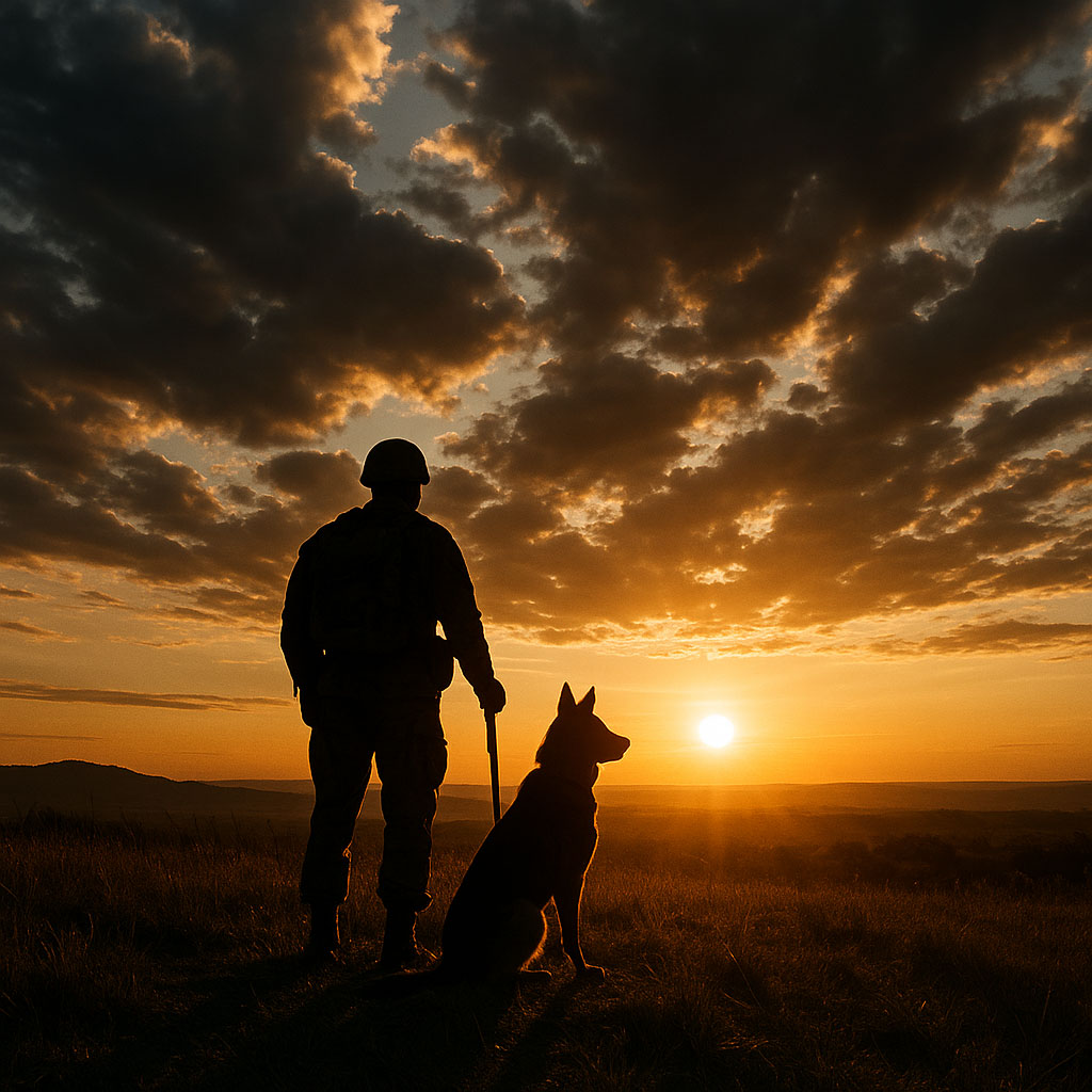 Veteran and service dog silhouette at sunrise
