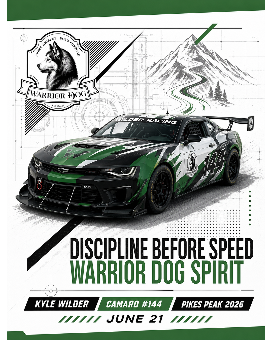 Warrior Dog Spirit and Kyle Wilder Pikes Peak 2026 event artwork featuring Camaro number 144.